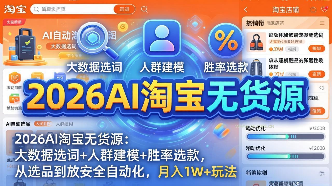 2026AI淘宝无货源：大数据选词+人群建模+胜率选款，从选品到放大全自动化，月入1W+玩法-A5资源网