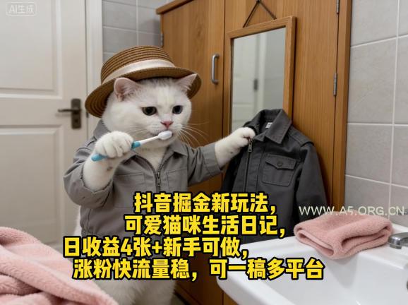抖音掘金新玩法，可爱猫咪生活日记，日收益4张+新手可做，涨粉快流量稳，可一稿多平台-A5资源网