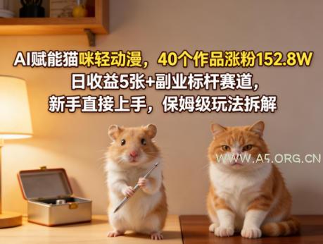 AI赋能猫咪轻动漫，40个作品涨粉152.8W，日收益5张+副业标杆赛道，新手直接上手，保姆级玩法拆解-A5资源网