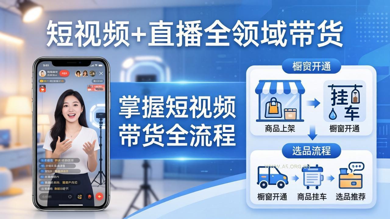 短视频+直播全领域带货-更新：掌握橱窗开通、挂车、选品、爆款文案改编等短视频带货全流程-A5资源网