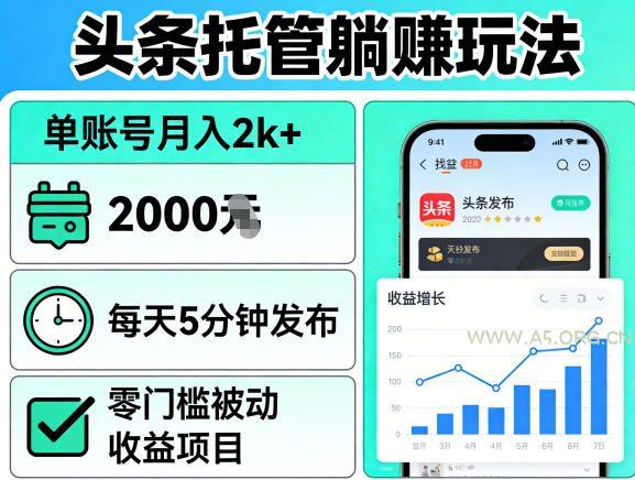 头条托管躺賺玩法,单账号月入2k+,每天5分钟发布即可,零门槛被动收益项目【揭秘】 - A5资源网 头条托管躺賺玩法,单账号月入2k+,每天5分钟发布即可,零门槛被动收益项目【揭秘】