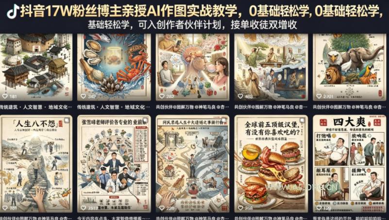 抖音17W粉丝博主亲授AI作图实战教学，0基础轻松学，可入创作者伙伴计划，接单收徒双增收-A5资源网