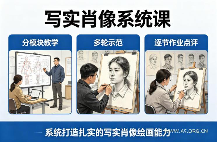 写实肖像系统课，全程分模块教学+多轮示范+逐节作业点评，系统打造扎实的写实肖像绘画能力-A5资源网