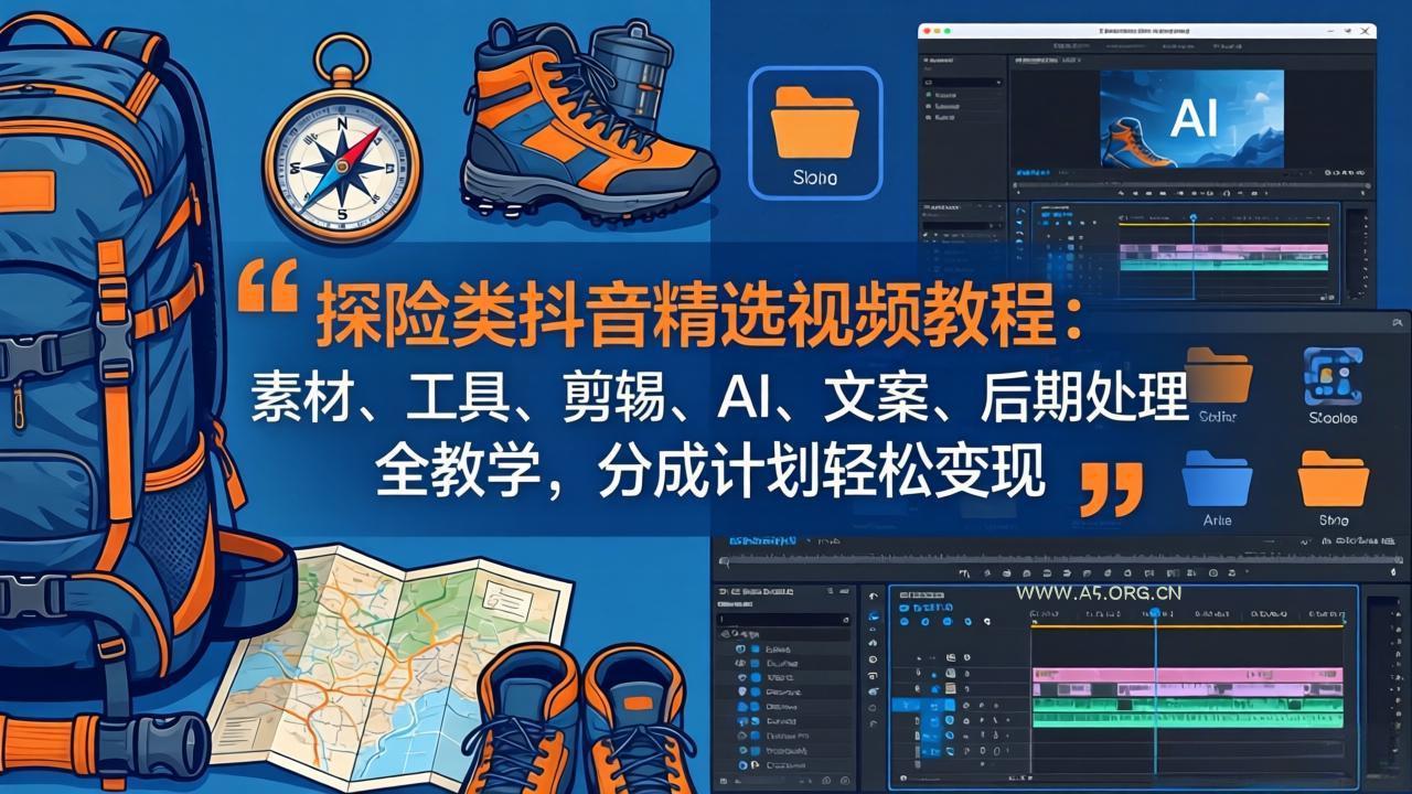 探险类抖音精选视频教程：素材、工具、剪辑、AI、文案、后期处理全教学，分成计划轻松变现-A5资源网