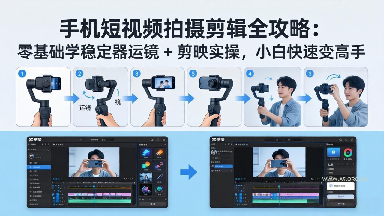 手机短视频拍摄剪辑全攻略：零基础学稳定器运镜 + 剪映实操，小白快速变高手-A5资源网