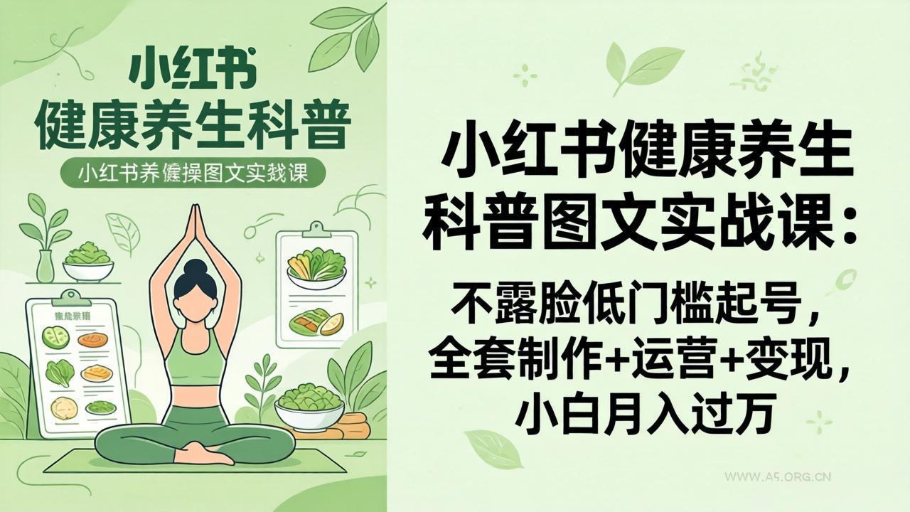 2026小红书健康养生科普图文实战课：不露脸低门槛起号，全套制作+运营+变现，小白月入过万-A5资源网