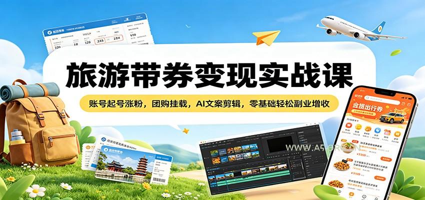 旅游带券变现实战课：账号起号涨粉，团购挂载，AI文案剪辑，零基础轻松副业增收-A5资源网
