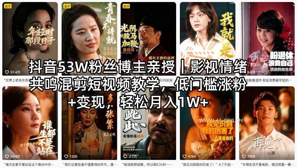 抖音53W粉丝博主亲授｜影视情绪共鸣混剪短视频教学，低门槛涨粉+变现，轻松月入1W+-A5资源网