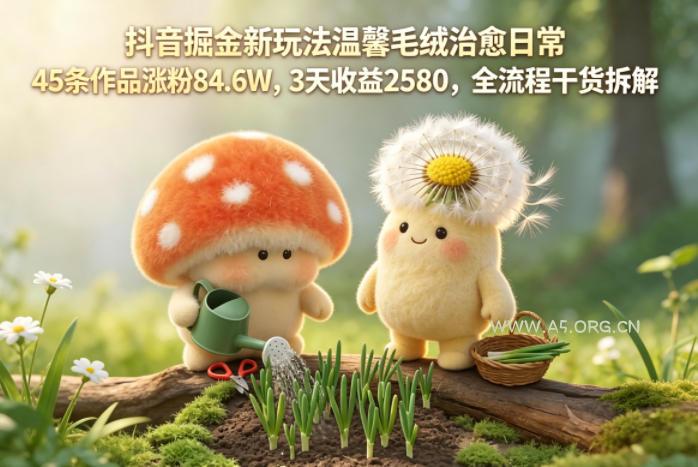抖音掘金新玩法温馨毛绒治愈日常，45条作品涨粉84.6W，3天收益2580，全流程干货拆解-A5资源网