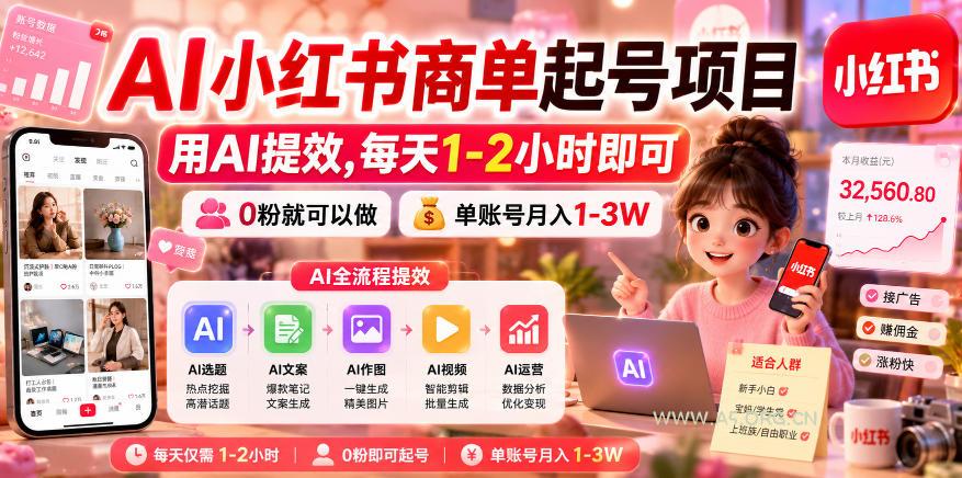 AI小红书商单起号项目,用AI提效,每天1-2小时即可,0粉就可以做,单账号月入1-3W - 小红泡 AI小红书商单起号项目,用AI提效,每天1-2小时即可,0粉就可以做,单账号月入1-3W