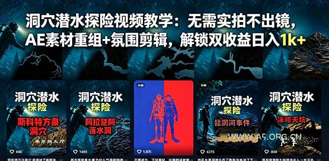 洞穴潜水探险视频教学:无需实拍不出镜,AE素材重组+氛围剪辑,解锁双收益日入1k+-小红泡