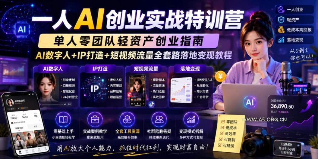 一人AI创业实战特训营,单人零团队轻资产创业指南,AI数字人+IP打造+短视频流量全套路落地变现教程 - 小红泡 一人AI创业实战特训营,单人零团队轻资产创业指南,AI数字人+IP打造+短视频流量全套路落地变现教程