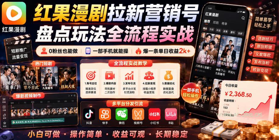 红果漫剧拉新营销号盘点玩法全流程实战，0粉丝也能做，一部手机就能做，爆一条单日收益2k+-小红泡