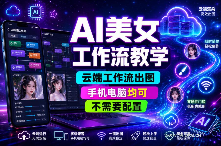 AI美女工作流教学,云端工作流出图,手机电脑均可,不需要配置,快速起号涨粉-小红泡