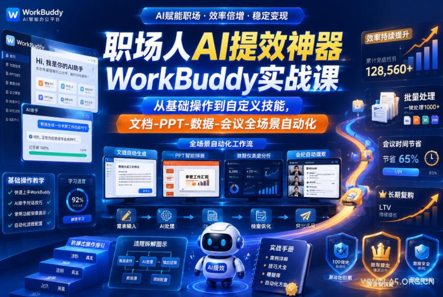 职场人AI提效神器WorkBuddy实战课,从基础操作到自定义技能,文档-PPT-数据-会议全场景自动化 - 小红泡 职场人AI提效神器WorkBuddy实战课,从基础操作到自定义技能,文档-PPT-数据-会议全场景自动化