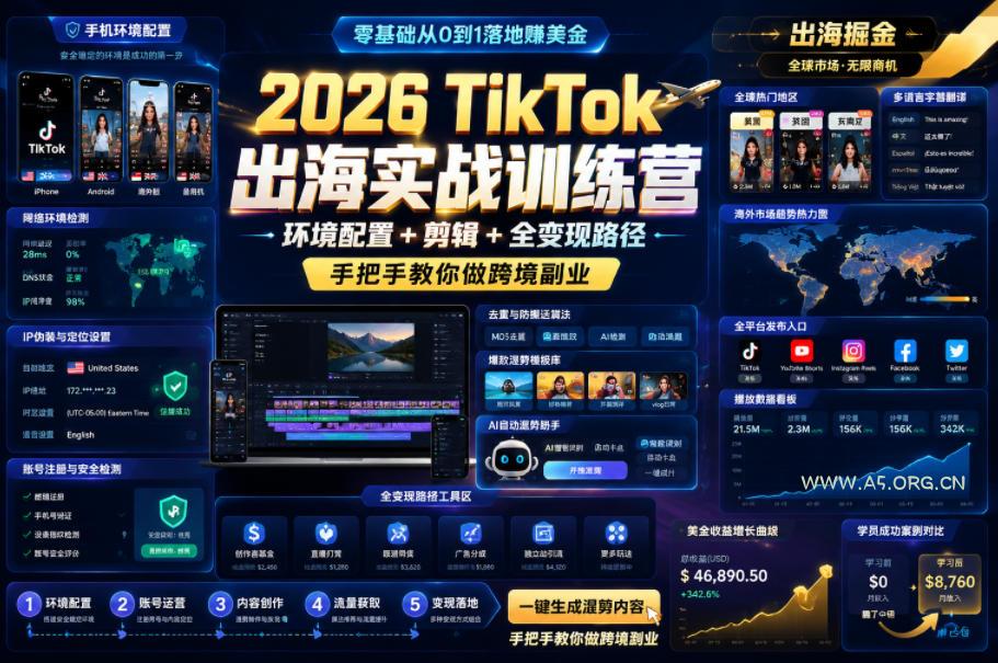 2026 TikTok出海实战训练营，环境配置 + 剪辑 + 全变现路径，手把手教你做跨境副业