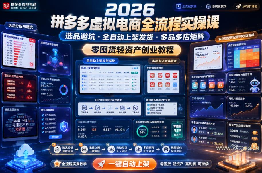 2026拼多多虚拟电商全流程实操课,选品避坑・全自动上架发货・多品多店矩阵,零囤货轻资产创业教程 - 小红泡 2026拼多多虚拟电商全流程实操课,选品避坑・全自动上架发货・多品多店矩阵,零囤货轻资产创业教程