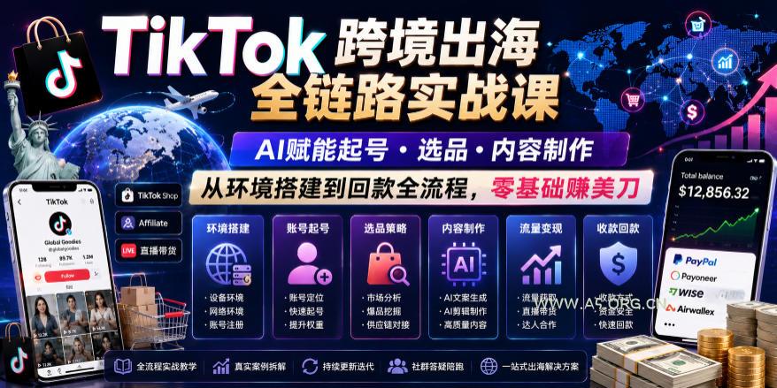 TikTok跨境出海全链路实战课，AI赋能起号・选品・内容制作，从环境搭建到回款全流程，零基础賺美刀