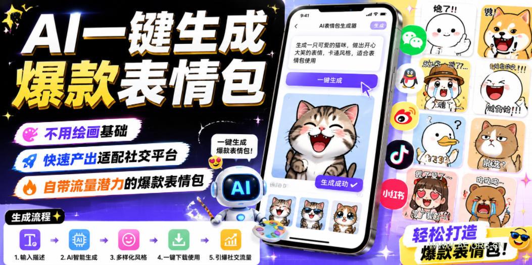 AI一键生成爆款表情包，不用绘画基础，快速产出适配社交平台，自带流量潜力的爆款表情包