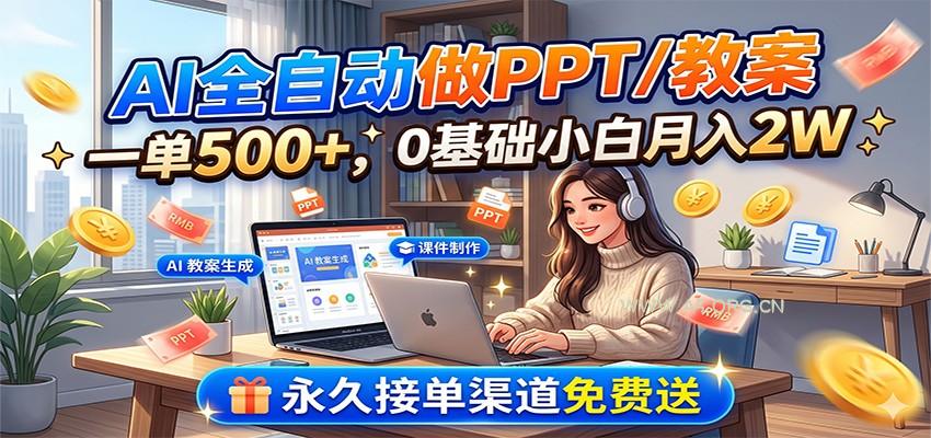 AI全自动做PPT/教案，一单500+，0基础小白月入2W，永久接单渠道免费送 - 小红泡