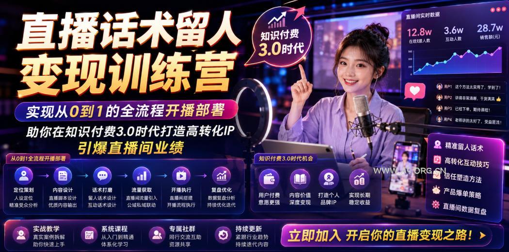 直播话术留人变现训练营，实现从0到1的全流程开播部署，助你在知识付费3.0时代打造高转化IP，引爆直播间业绩