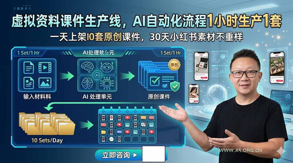 虚拟资料课件生产线，AI自动化流程1小时生产1套，一天上架10套原创课件，30天小红书素材不重样 - 小红泡