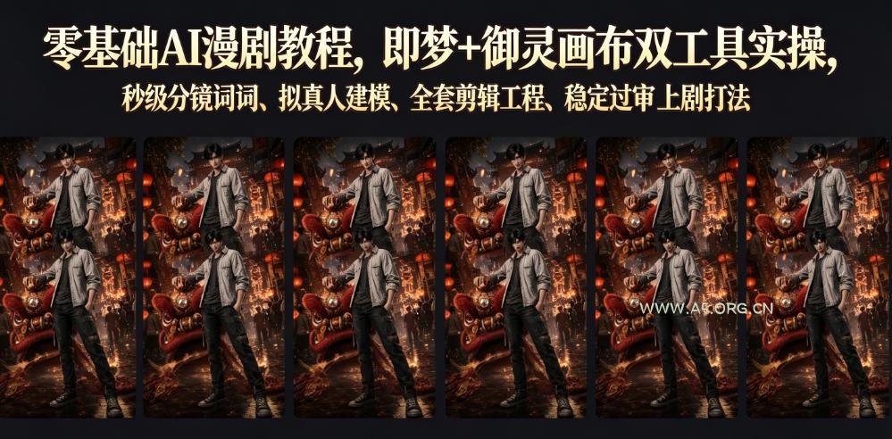 零基础AI漫剧教程，即梦+御灵画布双工具实操，秒级分镜提示词、拟真人建模、全套剪辑工程、稳定过审上剧打法