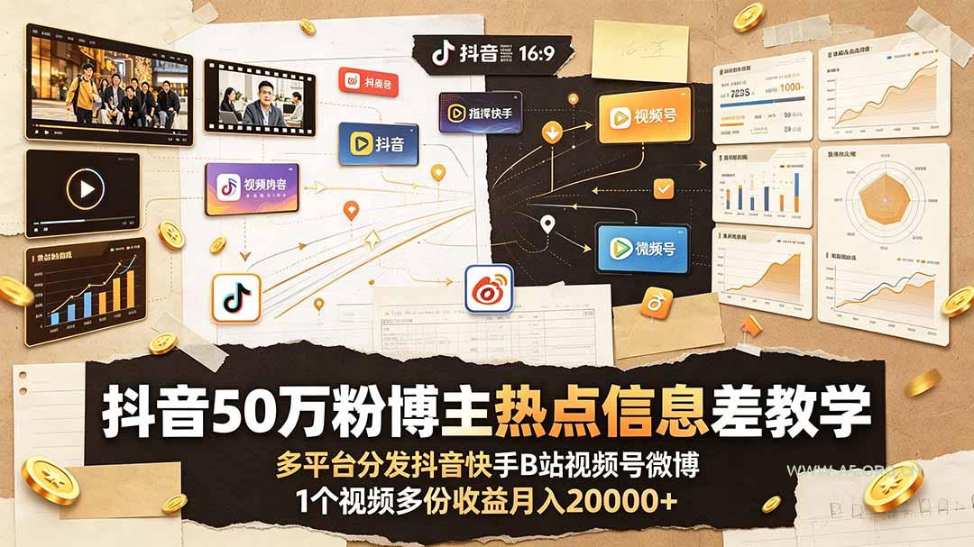抖音50万粉博主热点信息差教学：多平台分发抖音快手B站视频号微博，1个视频多份收益月入20000+ - 小红泡