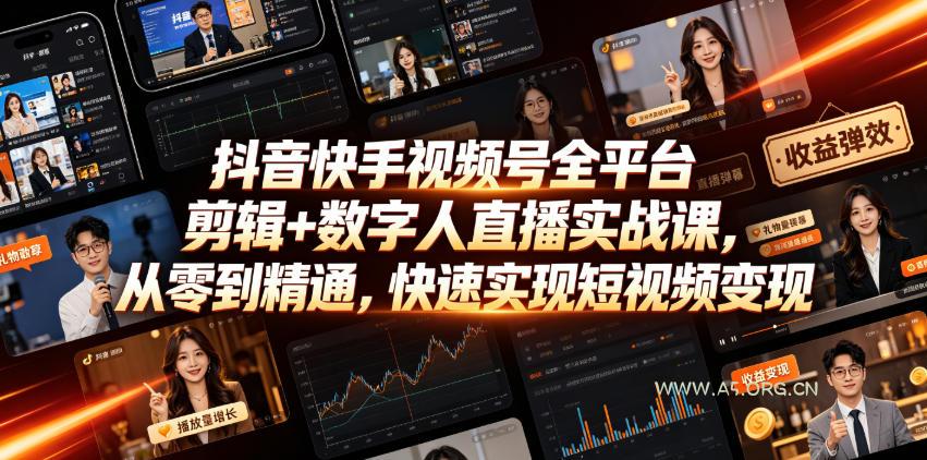 抖音快手视频号全平台剪辑+数字人直播实战课，从零到精通，快速实现短视频变现(更新2026年6月)​