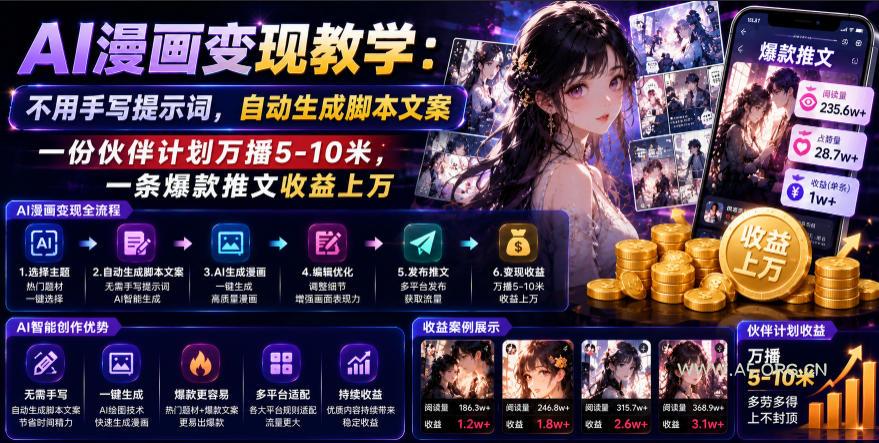 AI漫画变现教学:不用手写提示词,自动生成脚本文案,一份伙伴计划万播5-10米,一条爆款推文收益上W - 小红泡 AI漫画变现教学:不用手写提示词,自动生成脚本文案,一份伙伴计划万播5-10米,一条爆款推文收益上W