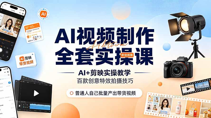 AI视频制作全套实操课，多款AI工具搭配剪映教学，百种特效运镜拍摄实操，抖音账号带货运营全覆盖 - 小红泡