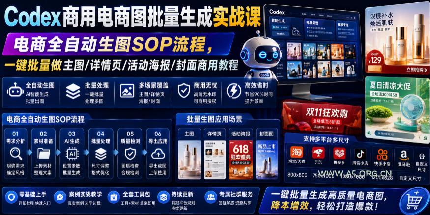 Codex商用电商图批量生成实战课｜电商全自动生图SOP流程，一键批量做主图/详情页/活动海报/封面商用教程