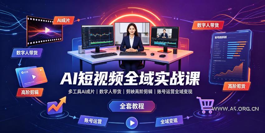AI短视频全域实战课｜多工具AI成片、数字人带货、剪映高阶剪辑、账号运营全域变现全套教程