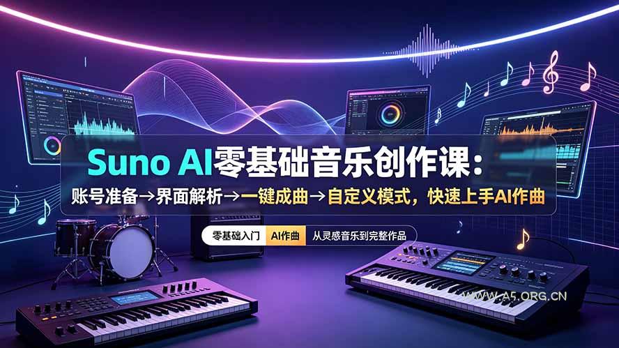 Suno AI零基础音乐创作课：账号准备&rarr;界面解析&rarr;一键成曲&rarr;自定义模式，快速上手AI作曲 - 小红泡