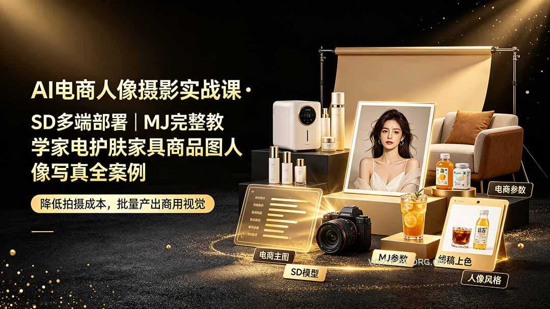 AI电商人像摄影实战课&middot;SD多端部署｜MJ完整教学｜家电护肤家具商品图人像写真全案例 - 小红泡