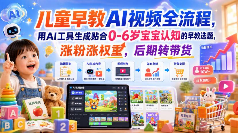 儿童早教AI视频全流程，用AI工具生成贴合0-6岁宝宝认知的早教选题，涨粉涨权重，后期转带货