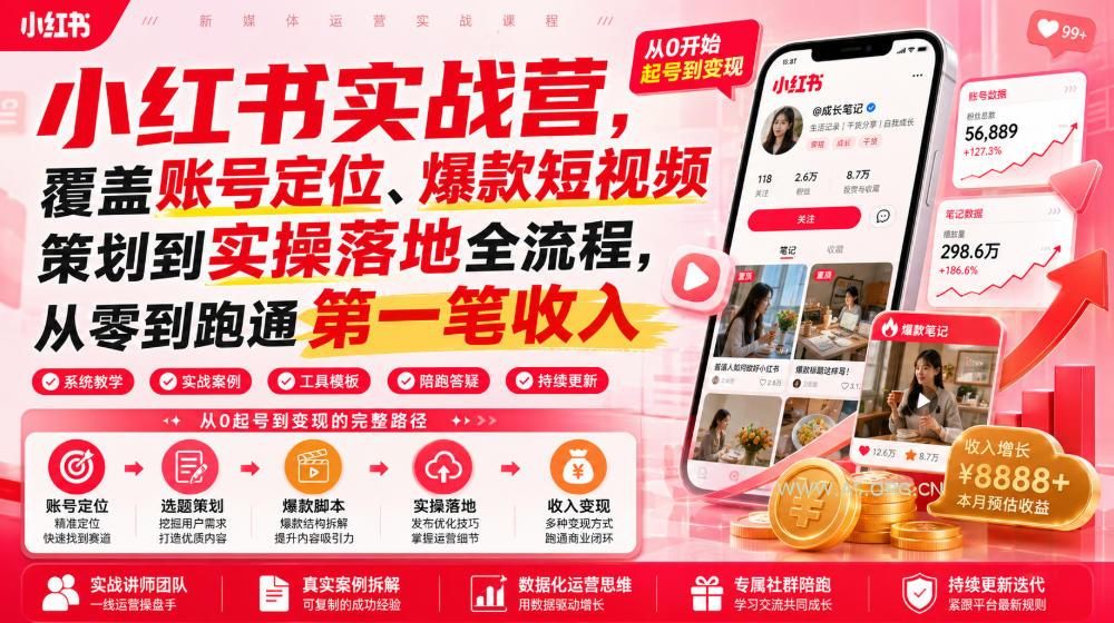 小红书实战营,覆盖账号定位、爆款短视频策划到实操落地全流程,从零到跑通第一笔收入 - 小红泡 小红书实战营,覆盖账号定位、爆款短视频策划到实操落地全流程,从零到跑通第一笔收入
