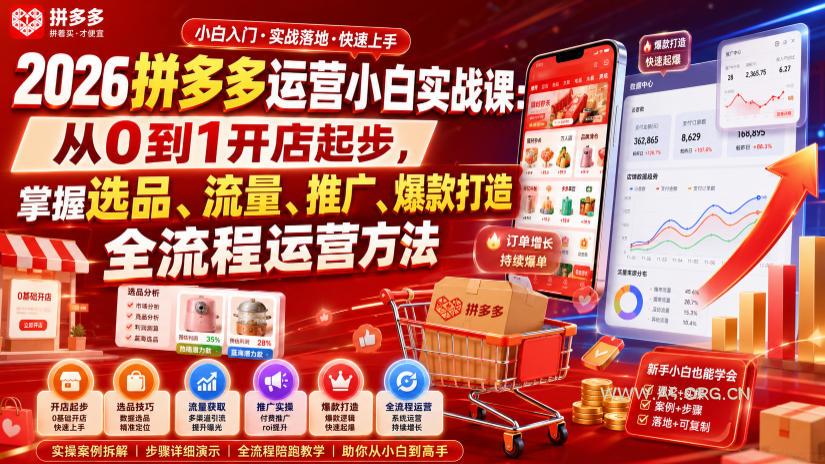 2026拼多多运营小白实战课:从0到1开店起步,掌握选品、流量、推广、爆款打造全流程运营方法 - 小红泡 2026拼多多运营小白实战课:从0到1开店起步,掌握选品、流量、推广、爆款打造全流程运营方法