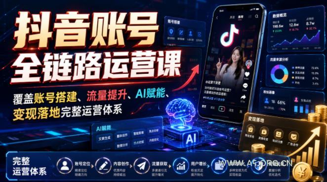抖音账号全链路运营课，覆盖账号搭建、流量提升、AI赋能、变现落地完整运营体系