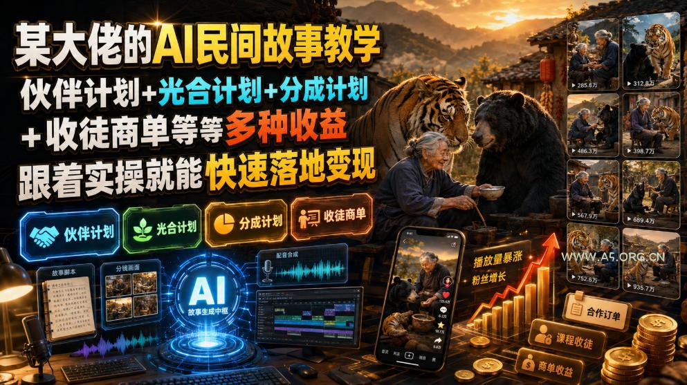 某大佬的AI民间故事教学，伙伴计划+光合计划+分成计划+收徒商单等多种收益，跟着实操就能快速落地变现