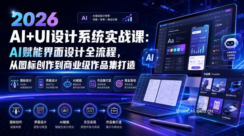 2026 AI+UI设计系统实战课:AI赋能界面设计全流程,从图标创作到商业级作品集打造 - 小红泡 2026 AI+UI设计系统实战课:AI赋能界面设计全流程,从图标创作到商业级作品集打造