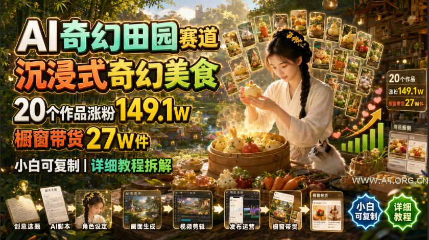 AI奇幻田园赛道，沉浸式奇幻美食，20个作品涨粉149.1W，橱窗带货27W件，小白可复制，详细教程拆解