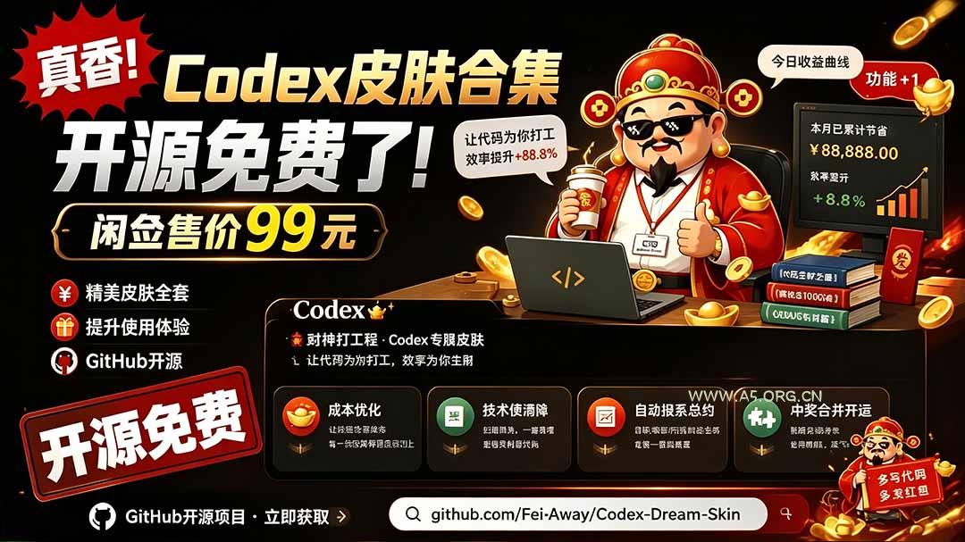 闲鱼售卖99元的Codex皮肤包,GitHub 免费开源了!让你的codex变成精美界面 Codex Dream Skin - 小红泡 闲鱼售卖99元的Codex皮肤包,GitHub 免费开源了!让你的codex变成精美界面 Codex Dream Skin - 小红泡