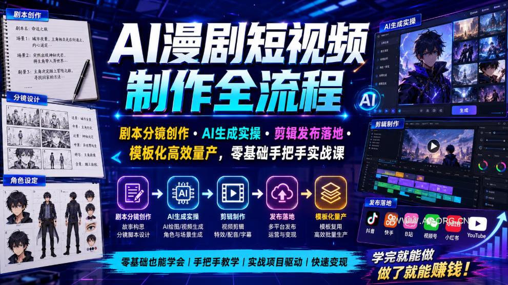 AI漫剧短视频制作全流程|剧本分镜创作・AI生成实操・剪辑发布落地・模板化高效量产,零基础手把手实战课 - 小红泡 AI漫剧短视频制作全流程|剧本分镜创作・AI生成实操・剪辑发布落地・模板化高效量产,零基础手把手实战课