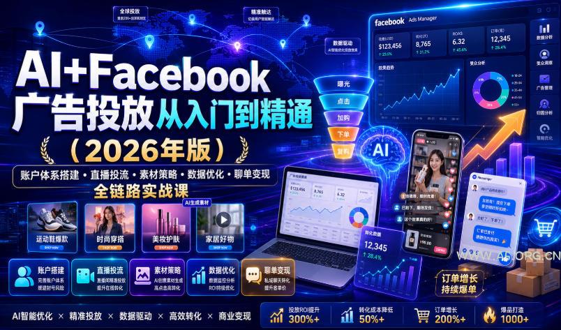 AI+Facebook广告投放从入门到精通(2026年版)|账户体系搭建・直播投流・素材策略・数据优化・聊单变现全链路实战课 - 小红泡 AI+Facebook广告投放从入门到精通(2026年版)|账户体系搭建・直播投流・素材策略・数据优化・聊单变现全链路实战课