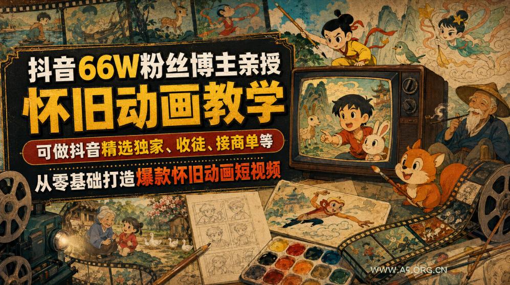 抖音66W粉丝博主亲授怀旧动画教学，可做抖音精选独家、收徒、接商单等，从零基础打造爆款怀旧动画短视频