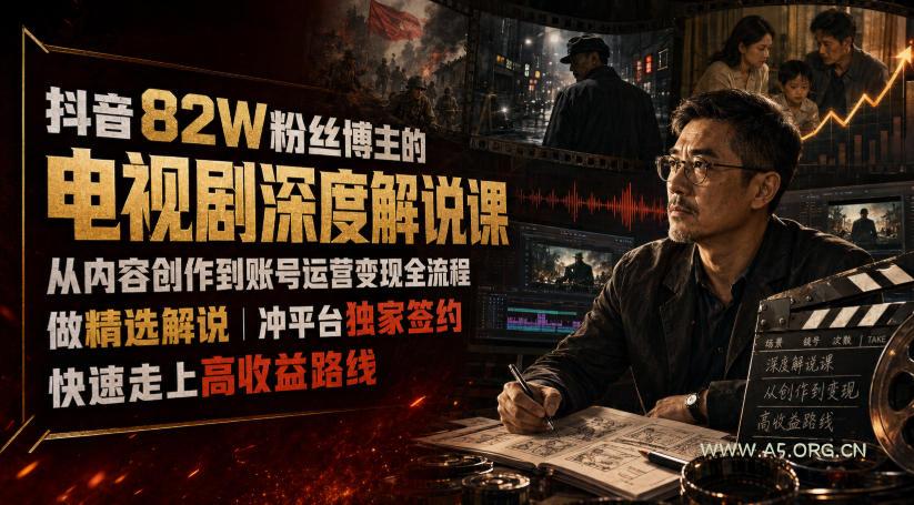 抖音82W粉丝博主的电视剧深度解说课，从内容创作到账号运营变现全流程，做精选解说，冲平台独家签约，快速走上高收益路线