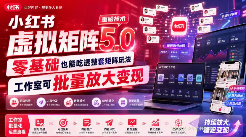 小红书虚拟矩阵5.0重磅技术,零基础也能吃透整套矩阵玩法,工作室可批量放大变现 - 小红泡 小红书虚拟矩阵5.0重磅技术,零基础也能吃透整套矩阵玩法,工作室可批量放大变现