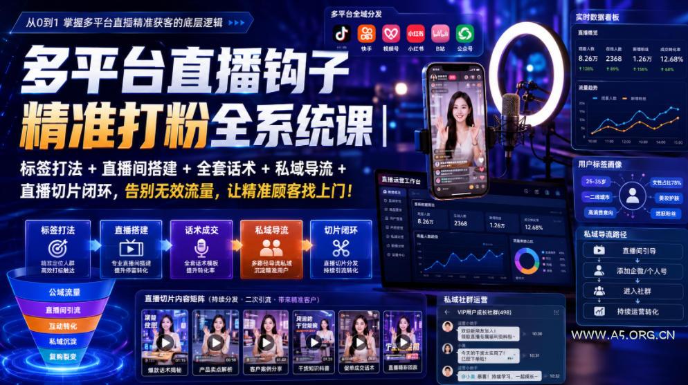 多平台直播钩子精准打粉全系统课｜标签打法+直播间搭建+全套话术+私域导流+直播切片闭环，告别无效流量，让精准顾客找上门！