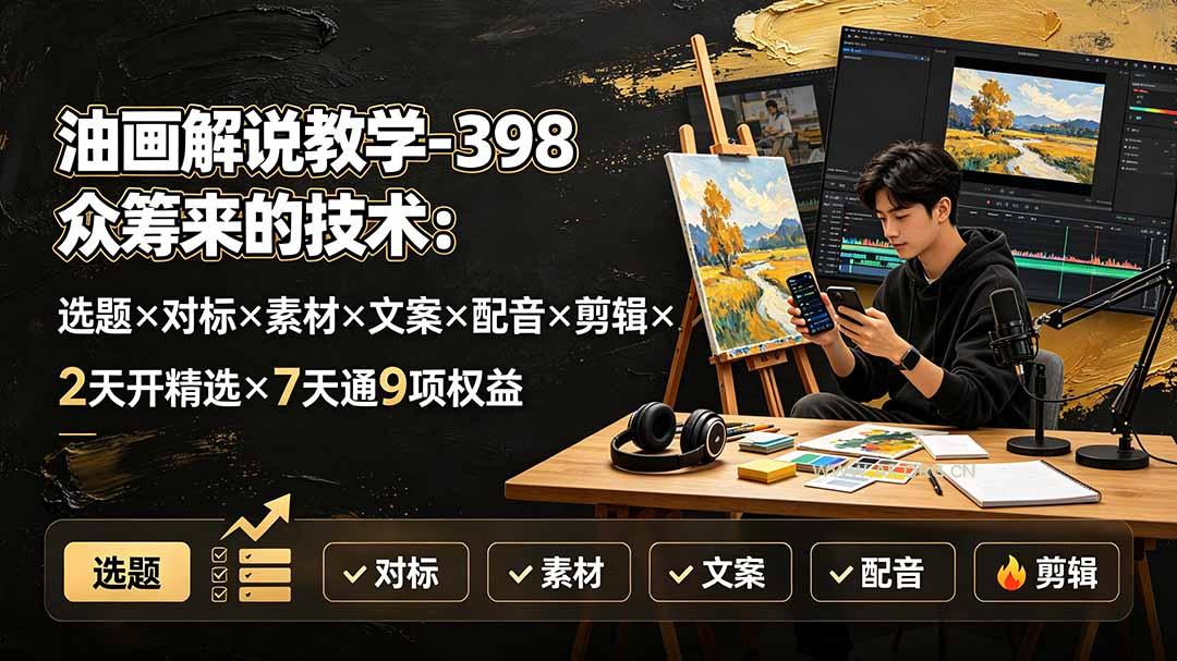 油画解说教学-398众筹来的技术：选题&times;对标&times;素材&times;文案&times;配音&times;剪辑&times;2天开精选&times;7天通9项权益 - 小红泡